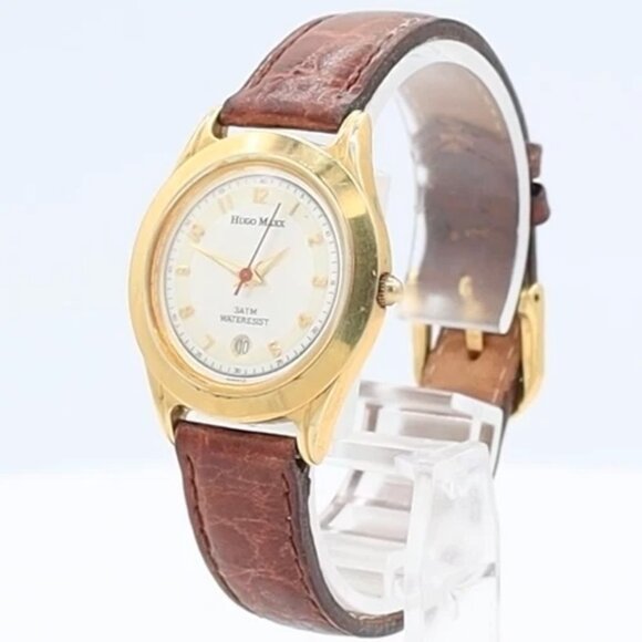 Vintage Hugo Maxx Sunburst Date Ladies Quartz Wristwatch Steel & 18kt Gold Plate - Picture 1 of 5